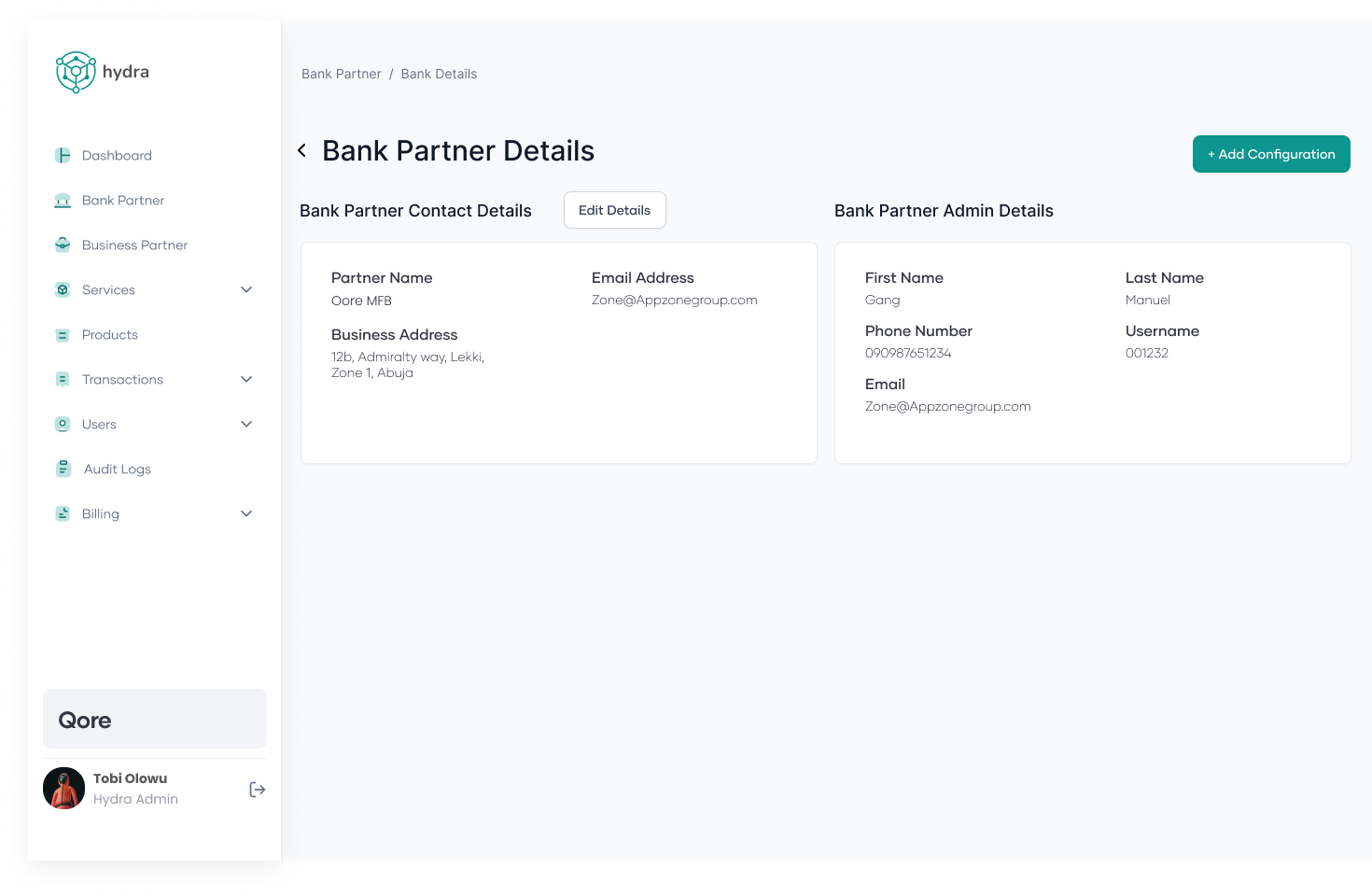 Bank Partner Details (Hydra Admin)